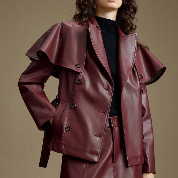 Burgundy Preppy Women's Detachable Shawl Coat with Chic Lapel & Cape - Picture 6 of 8